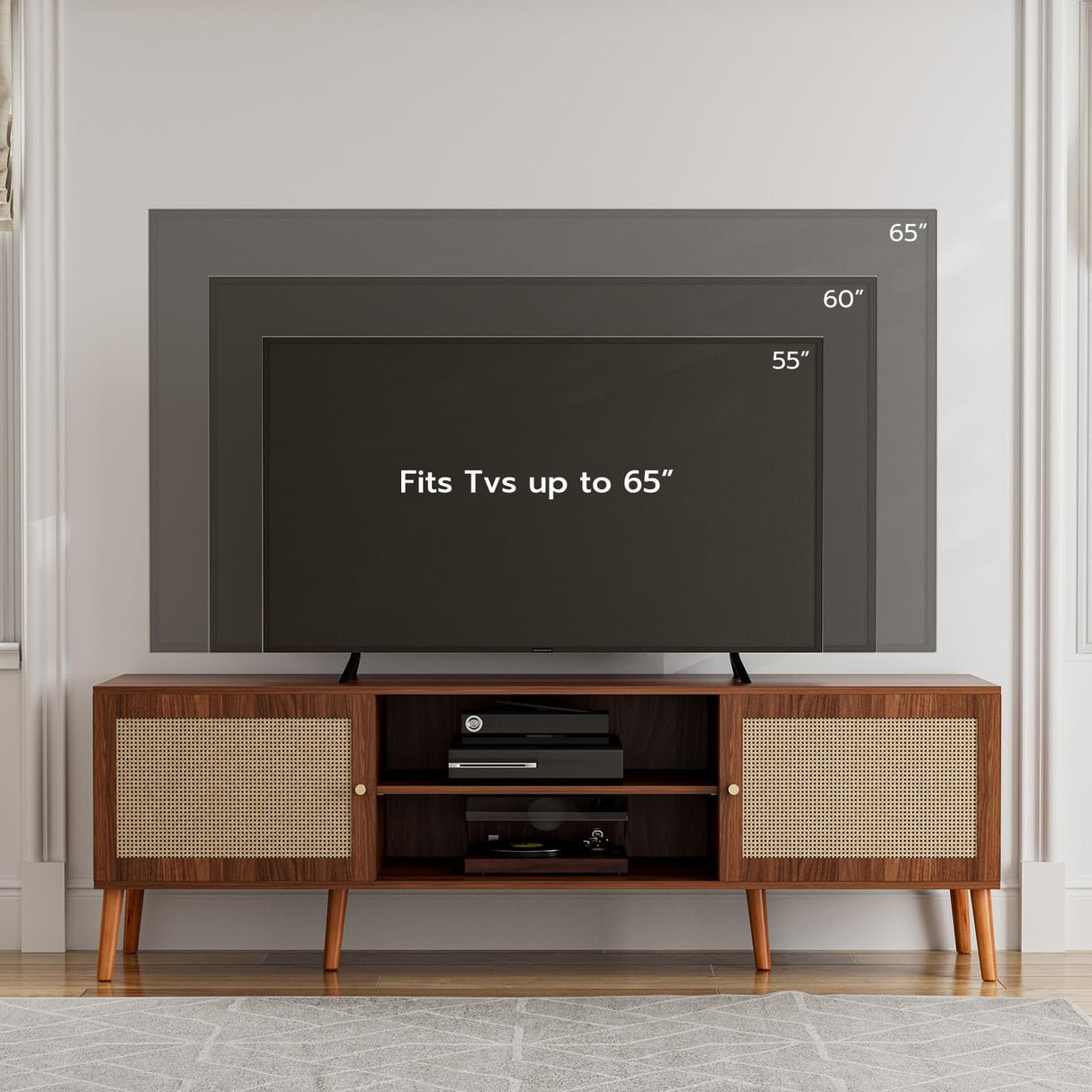 ZttRiee TV Stand for TVs up to 65'', Entertainment Center with Rattan Door, Shelves & 2 Cabinets, Long Boho Media TV Console for Living Room, Walnut ZttRiee
