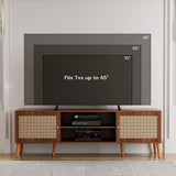 ZttRiee TV Stand for TVs up to 65'', Entertainment Center with Rattan Door, Shelves & 2 Cabinets, Long Boho Media TV Console for Living Room, Walnut ZttRiee