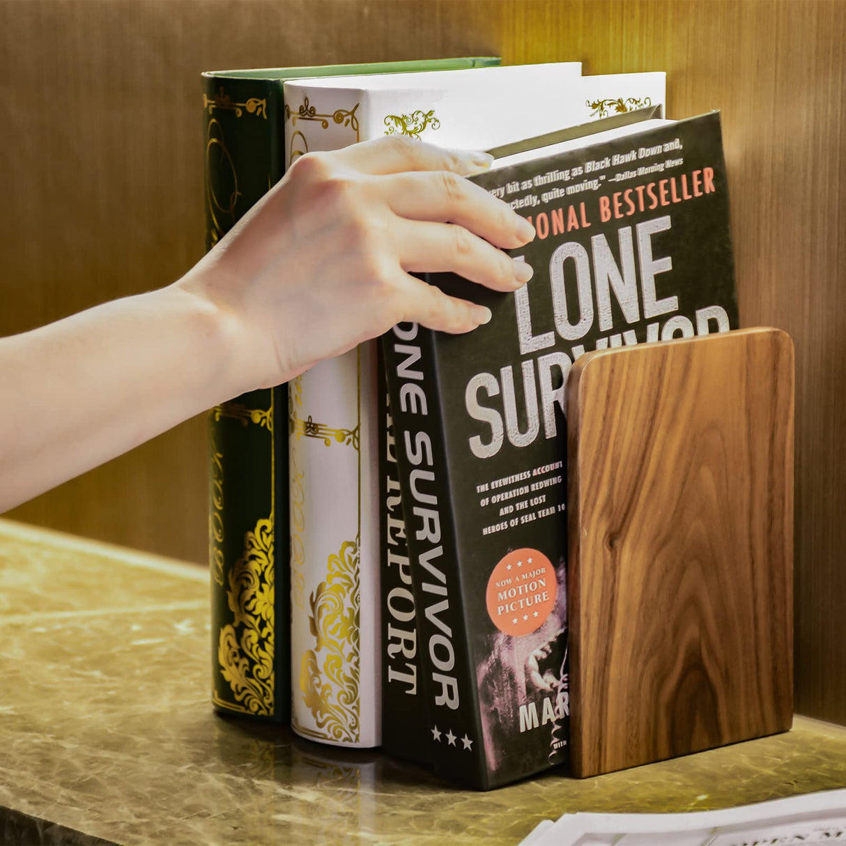 Large Bookend Hold Heavy Books- 7x4x5in 3 Pack Wood Bookends for Heavy Books Heavy Duty Walnut Book Ends for Men Wood Bookends for Office Desk Non-Skid Luxdecor