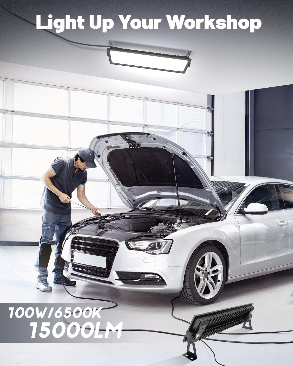 AGranTOP 2 Pack Linkable LED Shop Light - 100W 15000LM Aluminum Plug in Garage Light w/ 9.84ft Power Cord and On/Off Switch, 6500K Shop Lights for Garage, Workshop, Warehouse AGranTOP