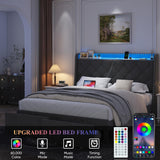 TIGUBFRE Dark Grey Upholstered Full Size Bed Frame with LED Lights and Storage Drawers TIGUBFRE