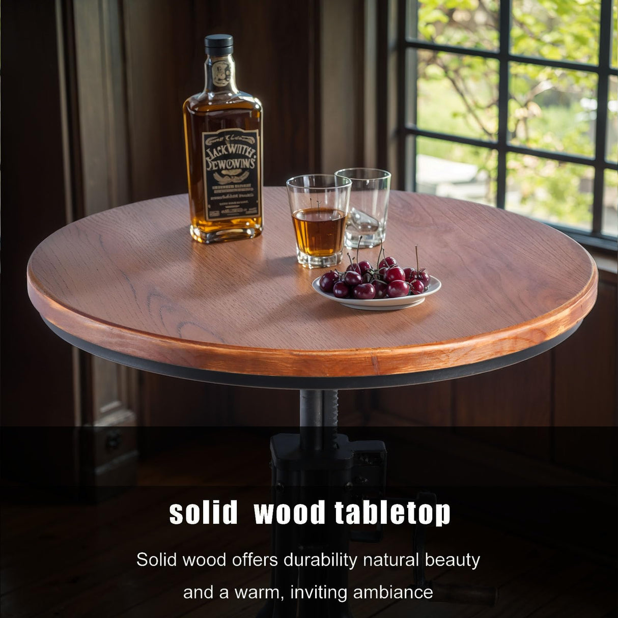 LOKKHAN Industrial Bar Table 38.6"-48.4" Height Adjustable Swivel Round Wood Tabletop 23.7" Dia, Kitchen Dining Office Coffee Bistro Pub Table LOKKHAN