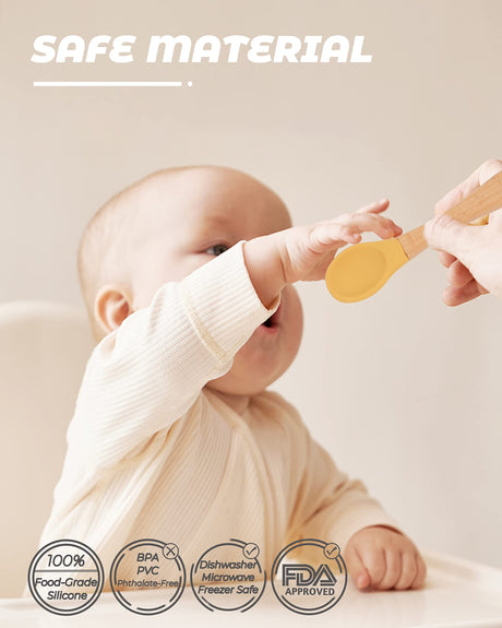 10 pcs Baby Spoons and Forks, First Stage Baby Led Weaning Spoons, Chewable Baby Utensils for Self-Feeding, Bamboo and Silicone Baby Utensils, Kids Utensils for Over 6 Months Babies DF DUALFERV