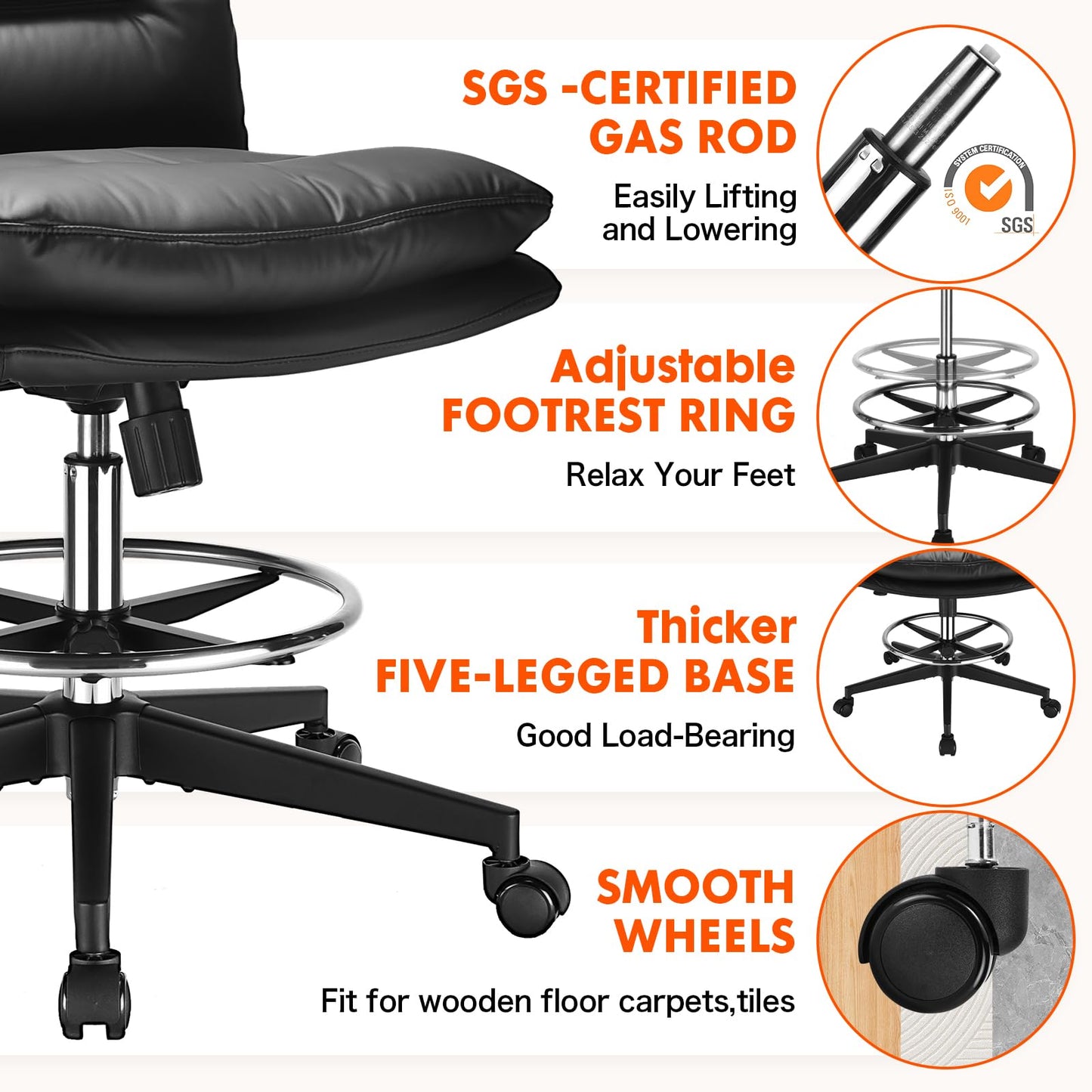 Drafting Chair Tall Office Chair Comfortable - Super Soft Seat Cushion and Larger Size, Standing Desk Chair Adjustable Height, Office Drafting Chairs with Adjustable Footrest Ring, 400LBs, Black