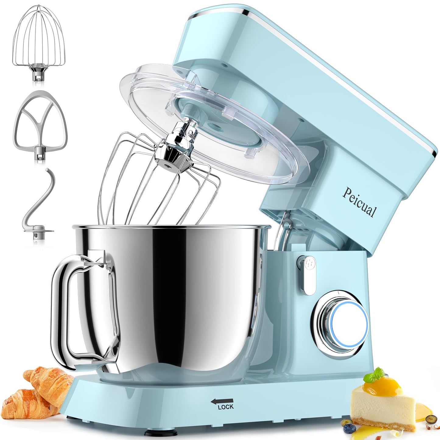 Peicual Stand Mixer, 6QT 10+P Speed Tilt-Head Kitchen Electric Mixer, Food Mixer with Stainless Steel Bowl, Dough Hook, Flat Beater, Wire Whisk, Splash Guard-Blue