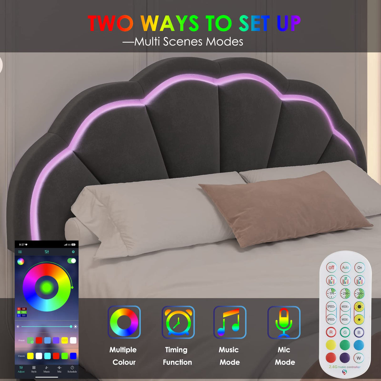 HIFIT Queen Smart LED Upholstered Bed Frame with Adjustable Floral Headboard, Grey HIFIT