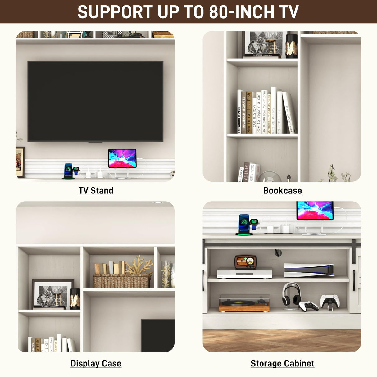 chartustriable 103" Wall Unit TV Stand with Storage for TVs up to 80" Large Farmhouse Wall Unit Entertainment Center w/Sliding Barn Door Cabinets and Power Outlet for Living Room, White chartustriable