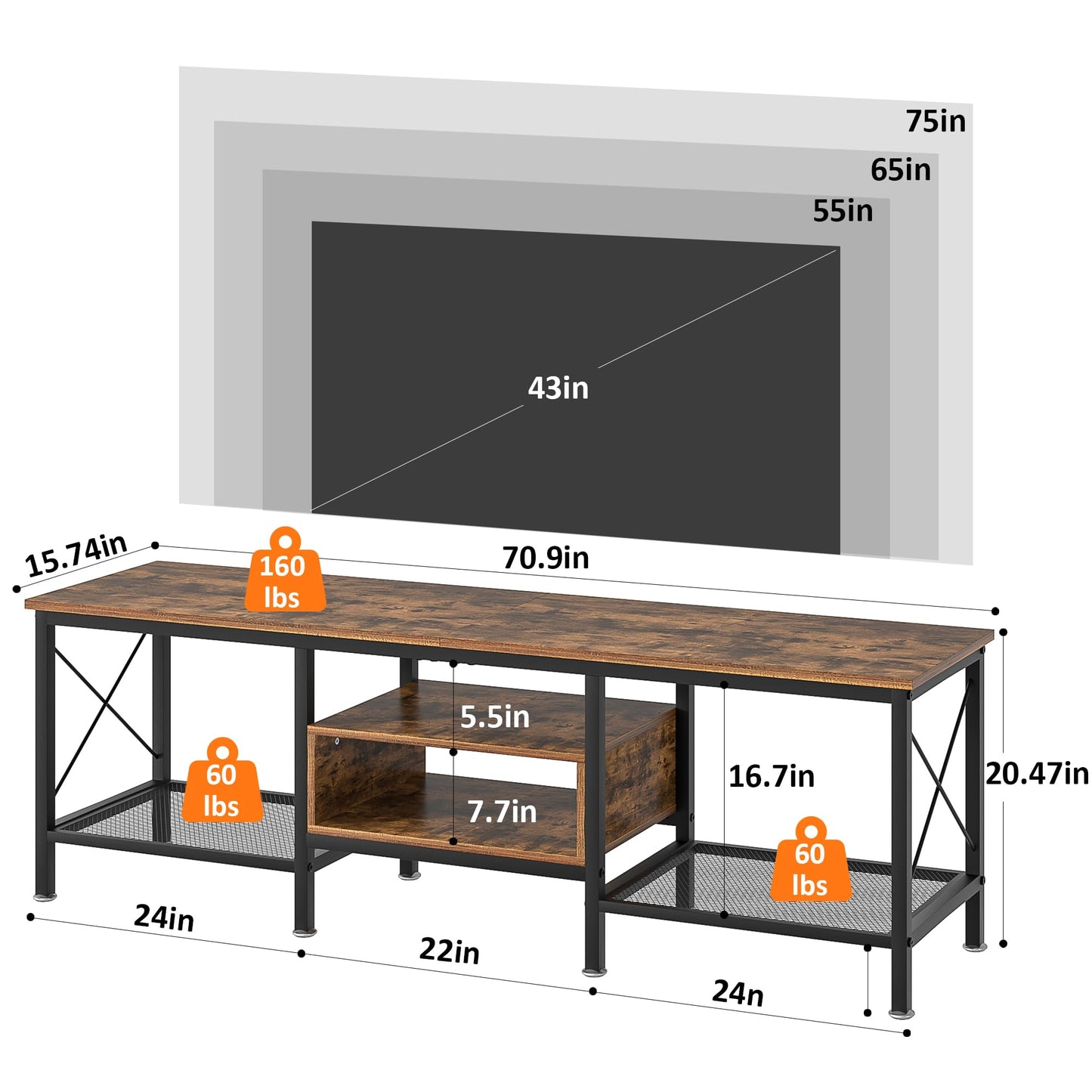 VECELO Industrial TV Stand for 75 Inch Television Cabinet 3-Tier Console with Open Storage Shelves, Entertainment Center Metal Frame for Living Room, Bedroom, 70 Inch, Dark Brown