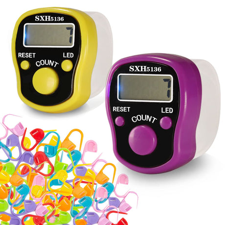 Stitch Counters 2 Pcs LED Digital Row Counter and Stitch Markers 50 Pcs Crochet Stitch Markers for Knitting Sewing Stitching Weaving, Muslim Pray, Recording Sports Scoring, Lap Counting by ILouxNei ILouxNei