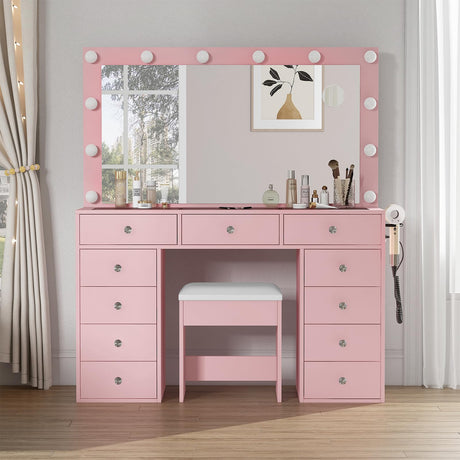 FUSOU Vanity Desk with Power Outlet, Makeup Vanity with Mirror and 12 LED Lights, 3 Lighting Modes, 11 Drawers Vanity Table with Chair, Glass Top, Vanity Set for Bedroom, Pink FUSOU
