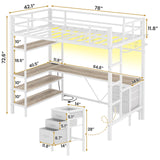 VIAGDO Loft Bed Twin Size with L-Shaped Desk, Charging Station and LED Lights, Twin Loft Bed with 4-Tier Bookshelf and 3 Drawers, Clothes Rail, Safety Guardrail&Ladder, No Box Spring Needed, White VIAGDO