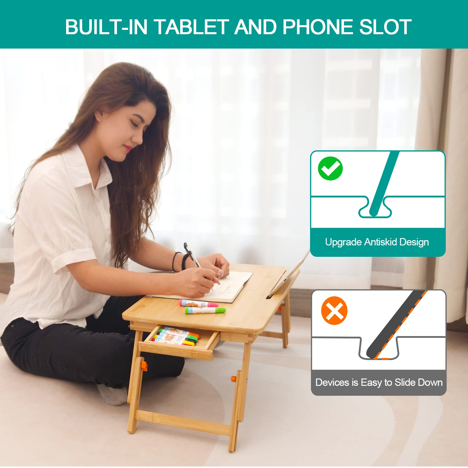 Laptop Lap Desk, COIWAI Laptop Bed Tray Table, Bamboo Adjustable Height, with Tablet Phone Hold Slot, Drawer, Foldabespecially Recommended as a Table for Children,Elementary School Students - WoodArtSupply