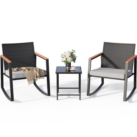 Gizoon 3 Pieces Rocking Patio Bistro Set with Anti-Scald Armrest, Outdoor Patio Wicker Furniture Set with Glass Table and Cushion for Garden, Yard, Porch Gizoon