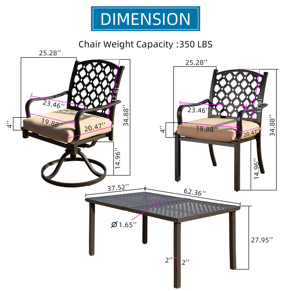 Domi Outdoor 7 pcs Patio Dining Set, Metal Dining Table, Swivel and Dining Chairs Conversation Set with Removable Beige Cushions for Garden Lawn Yard domi outdoor living