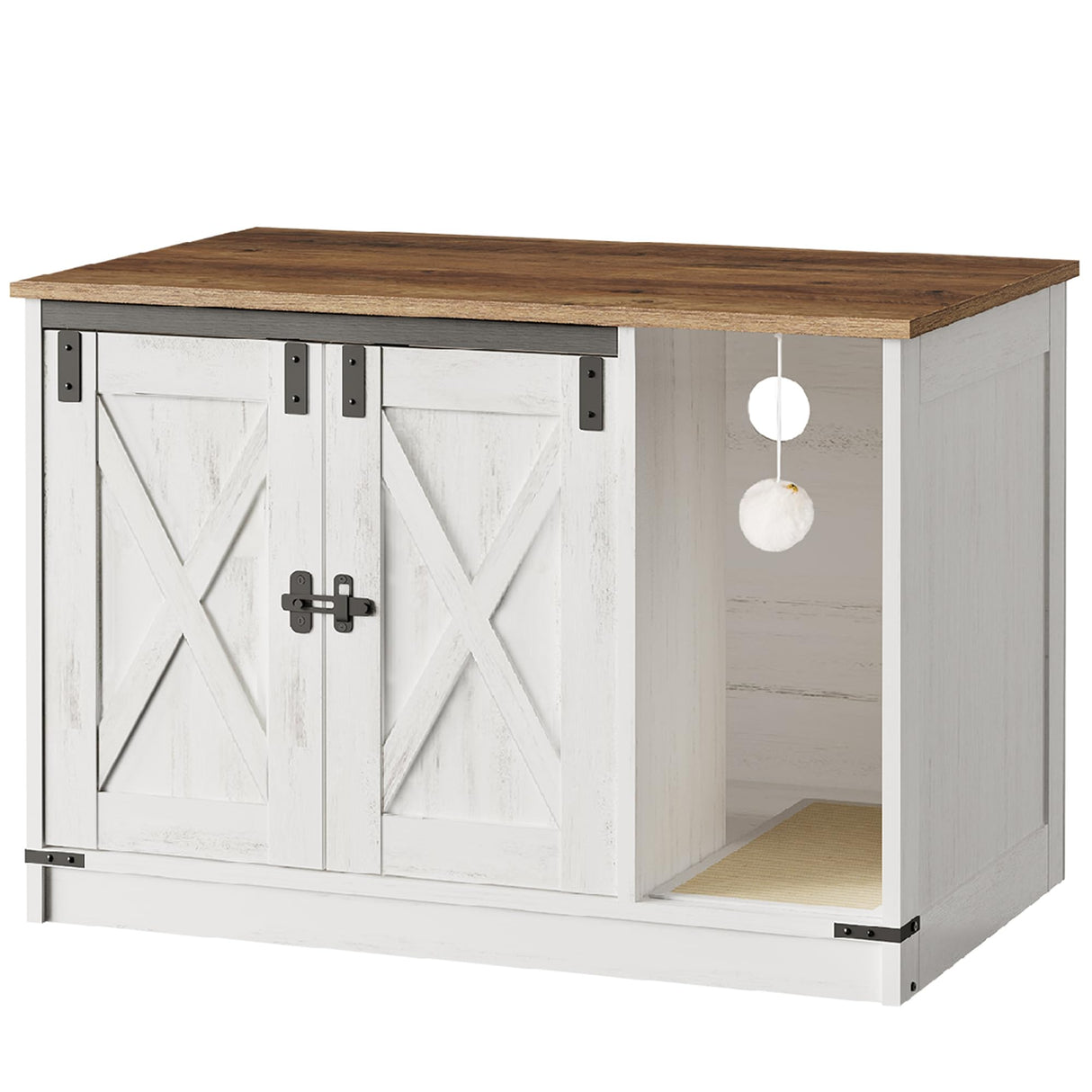 Hzuaneri Cat Litter Box Enclosure, Hidden Litter Box Furniture with Cat Bell, Indoor Cat House, Farmhouse Style, 31.5 x 20.9 x 19.7Inches, for Hallway, Bedroom, Rustic White and Brown CB82414X Hzuaneri