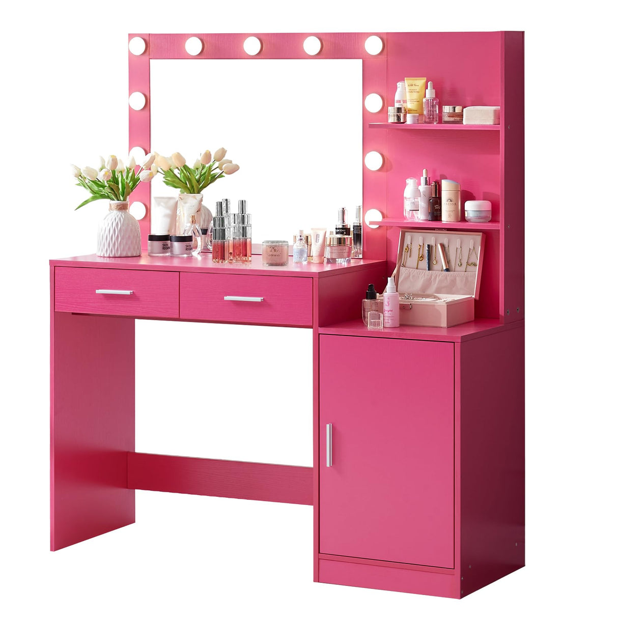MIRROTOWEL 46.7IN Vanity Desk with Mirror and Lights, Dressing Table with 2 Large Drawer&Large Vertical Organizer, 3 Level Dresser & 3 Lighting Modes Adjustable Brightness, Suitable for Bedroom(Rose) MIRROTOWEL