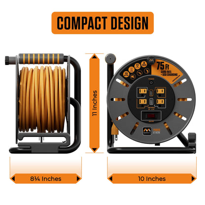 Masterplug 75ft Cord Reel, Retractable Extension Lead with Winding Handle, Safety Overload Circuit Breaker and Power Switch, 4x Grounded Outlets, 2x USB Ports, 15amps, 12AWG Cable - WoodArtSupply