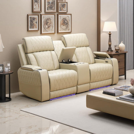 A Ainehome Power Leather Recliner Sofa Set with LED Lights, Recliner Sofa Sectional Couches for Living Room, Reclining Sofa, loveseat, Chair with USB Port/Storage Console/Cup Holder(Khaki,loveseat) A Ainehome