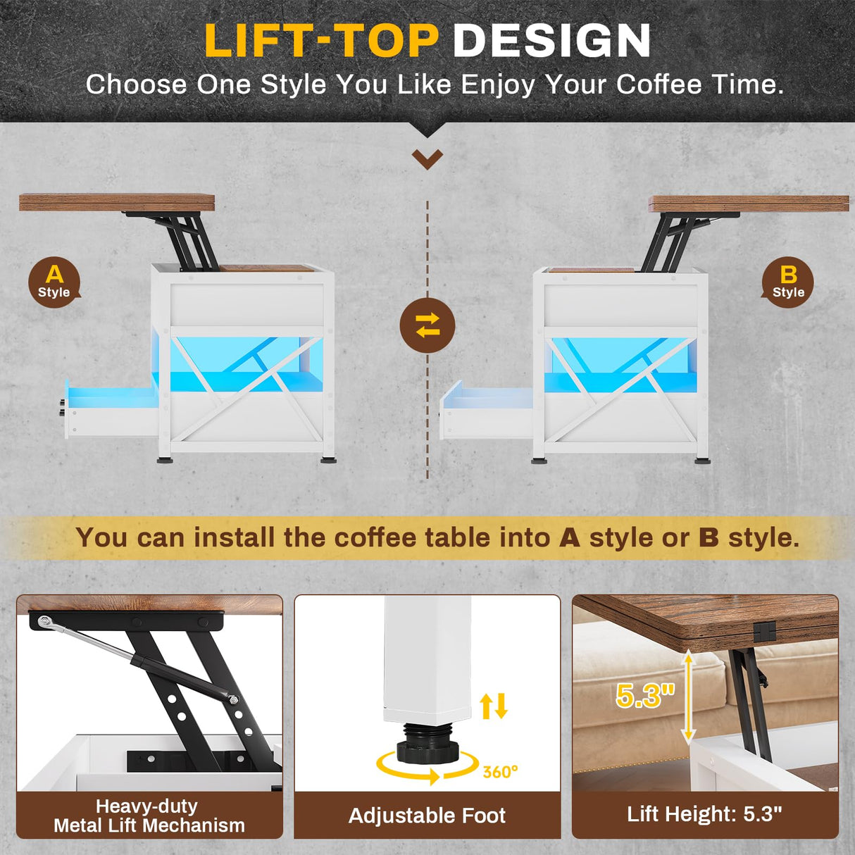 Itaar 40" Lift Top Coffee Table, 4 in 1 White Coffee Tables with Storage for Living Room, Small Coffee Table with 2 Drawers & LED Light for Dining Room, White and Rustic Brown Itaar