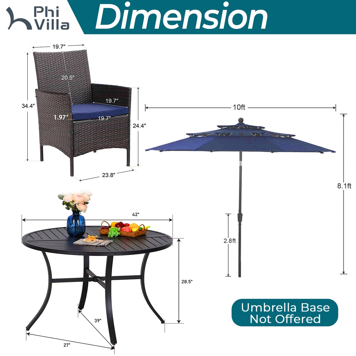 PHI VILLA 5 Piece Outdoor Dining Set with Umbrella for 4, Round Metal Steel Dining Table & Wicker Chairs with Cushions & Blue Umbrella, Modern Furniture for Patio, Deck, Yard, Porch PHI VILLA