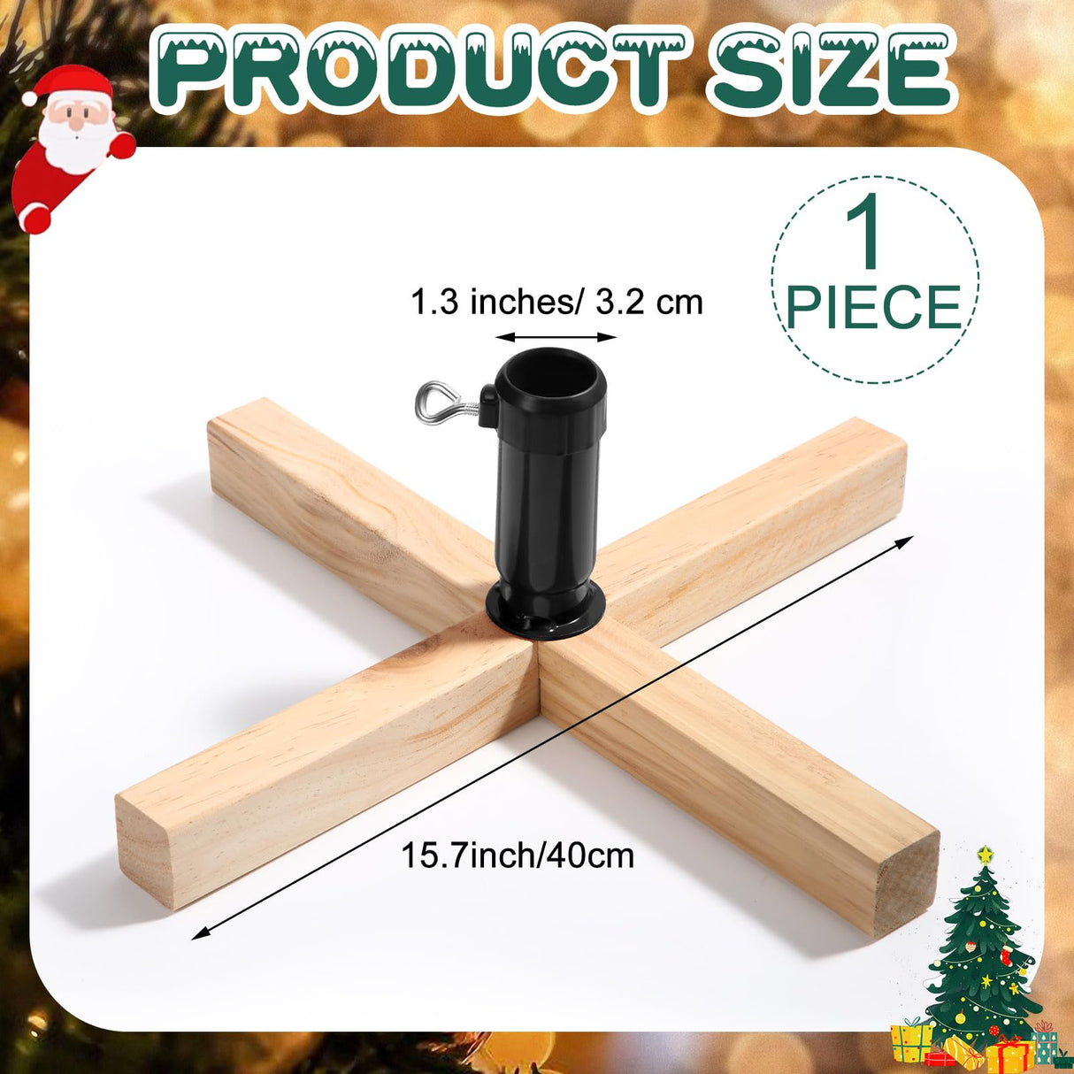 Soaoo Wood Christmas Tree Stand 15.7 Inch Replacement Xmas Tree Stand Base Stable Fake Christmas Tree Base with Thumb Screw Adjustable Fits 0.5 to 1.26 Inch Tree Pole for Artificial Tree (Black Pole) Soaoo