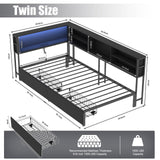 Corner Bed Frame with Storage Bookcase, Twin Daybed with LED Lights & 2 Drawers, Metal Platform Bed with Headboard and Charging Station (Black, Twin) Anwick