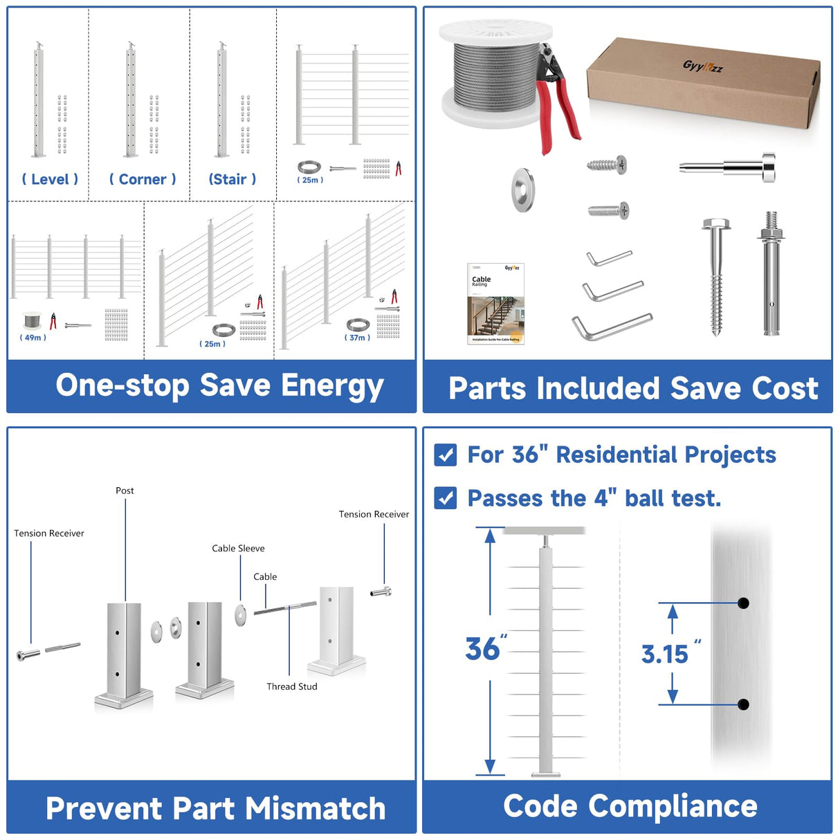 Gyykzz One-Stop Cable Railing Post Kits, 4Pack Brushed Finish Level Drilled Line Post 36", Adjustable Top Cable Railing System Including 4 Railing Posts, 160ft Cable, 10 Set Terminal, 80 Cable Sleeves Gyykzz