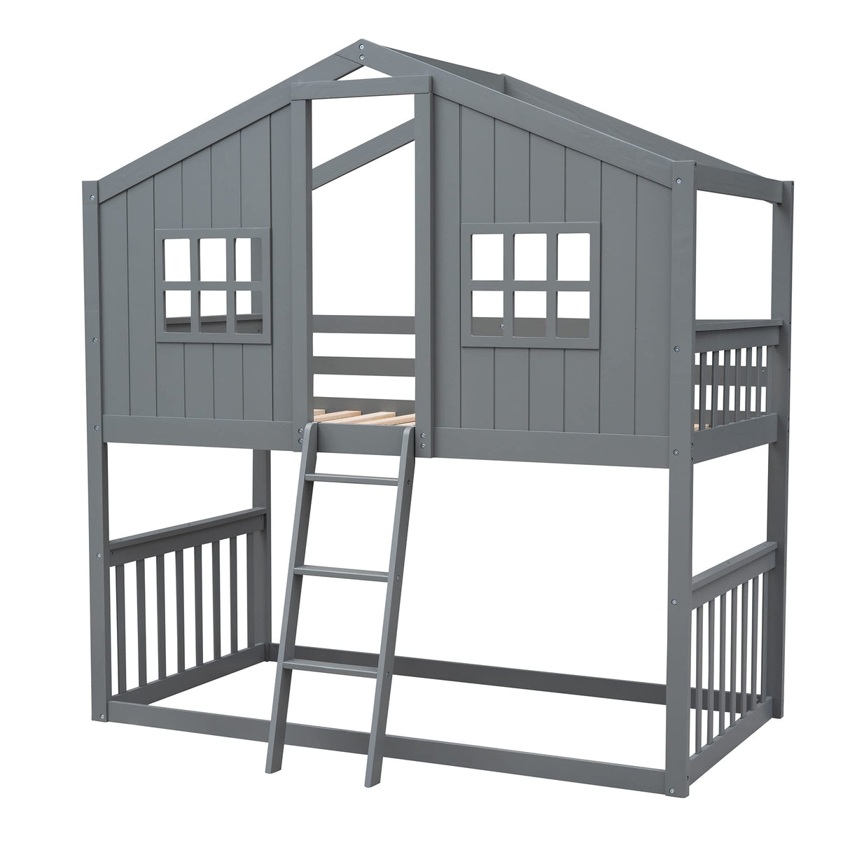 Harper & Bright Designs House Bunk Beds, Twin Over Twin Bunk Bed with Roof, Ladder and Windows, Floor Bunk Bed, Low Bunk Loft Bed for Kids Teens Boys & Girls, Gray Harper & Bright Designs