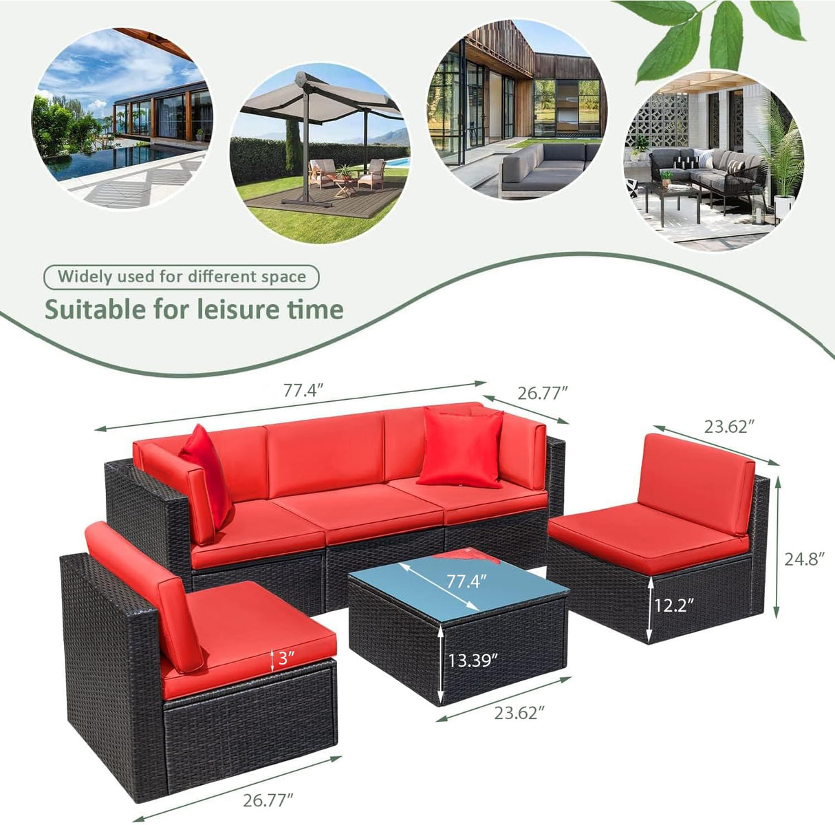 Devoko Patio Furniture Sets 6 Pieces Outdoor Sectional Rattan Sofa Manual Weaving Wicker Patio Conversation Set with Glass Table and Cushion (Red) Devoko