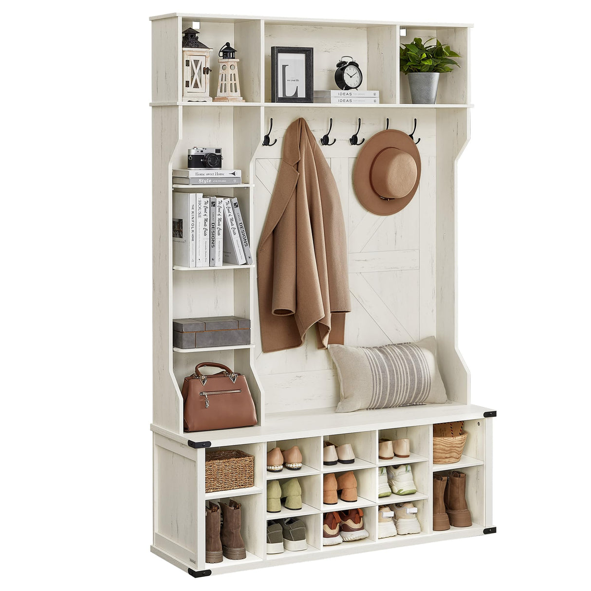 VASAGLE Hall Tree with Bench and Shoe Storage, Coat Rack with Shoe Bench, Entryway Furniture, 20 Open Compartments, 6 Tri-Hooks, Farmfouse Style, Space Saving, Rustic White UHSR440W01 VASAGLE