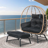 Nevsokio Double Wicker Outdoor Egg Chair,Lounge Chair with Ottoman,Oversized Patio Chair with Footrests,Cushions, Outdoor Indoor Rattan Chair (Rope, Black) Nevsokio
