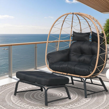 Nevsokio Double Wicker Outdoor Egg Chair,Lounge Chair with Ottoman,Oversized Patio Chair with Footrests,Cushions, Outdoor Indoor Rattan Chair (Rope, Black) Nevsokio