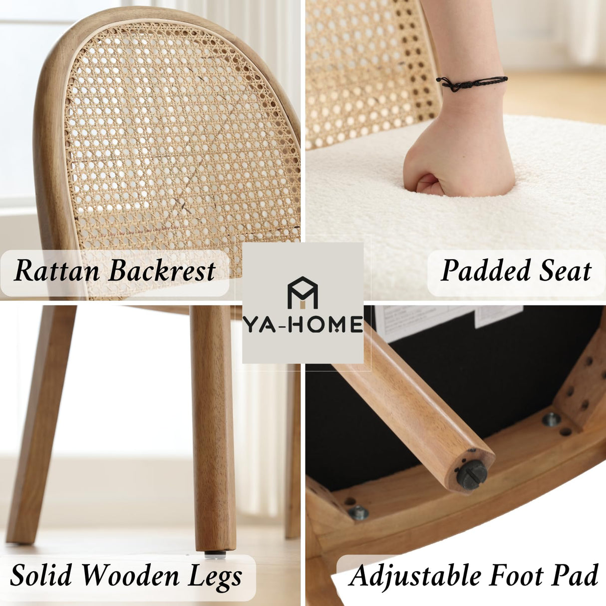 Ya-Home Mid Century Dining Chairs Set of 4, Accent Rattan Side Chairs Sherpa Fabric Kitchen Chair with Solid Wooden Legs for Living Room Dining Room, White Ya-Home