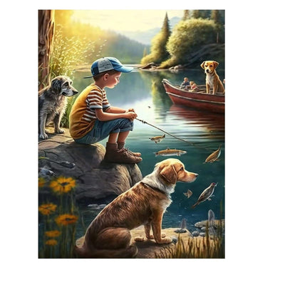 Champi Diamond Painting Kit for Adults, Fishing Boy & Dog 5D Diamond Art Kit, Diamond Painting Kit Full Diamond Round Gift, Wall Decor 8x12 Inch