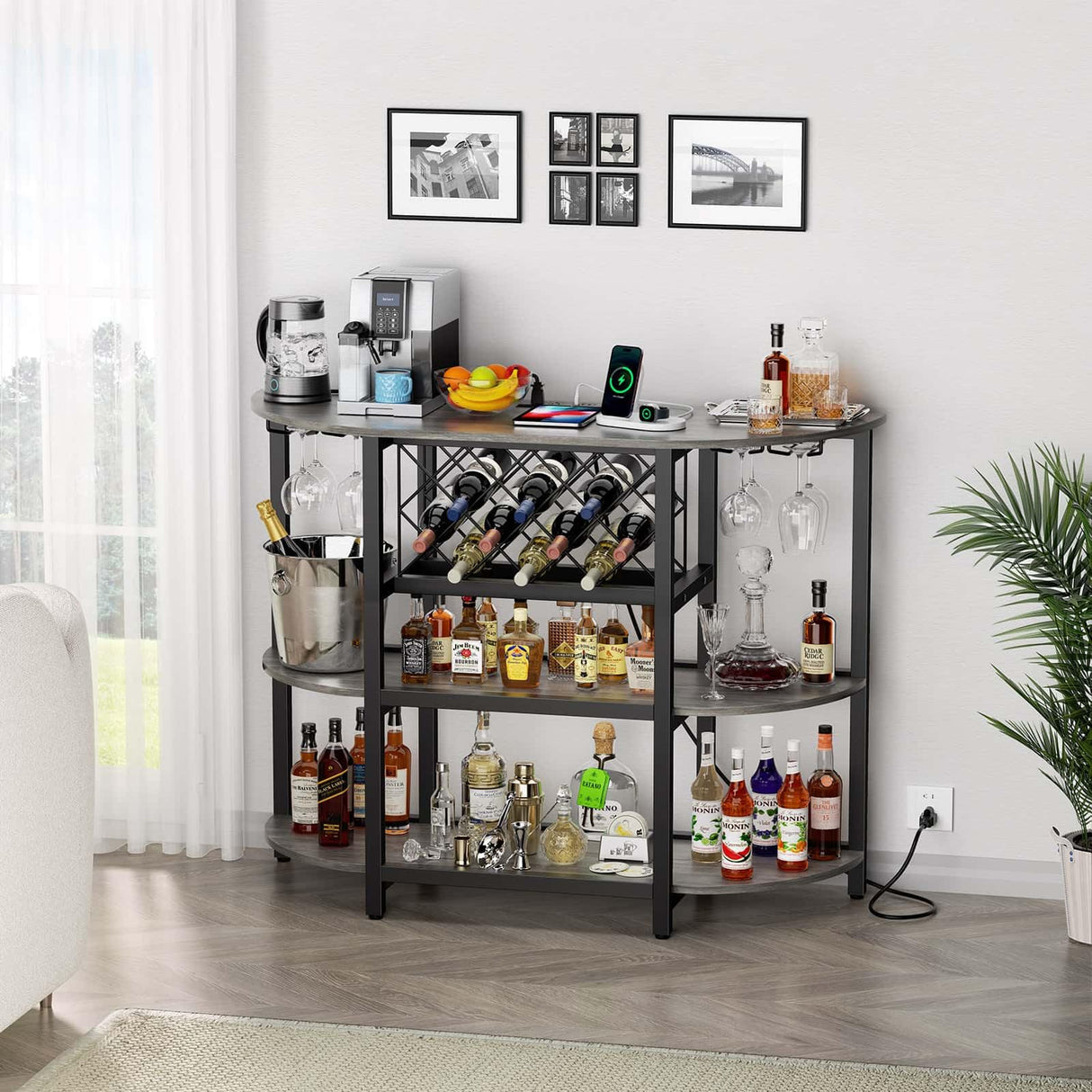 Zarler Bar Table Cabinet, Home Mini Bar Cabinet for Liquor, Metal Wine Bar Stand with 4-Tier Storage, Easy to Assemble, Light Grey Zarler