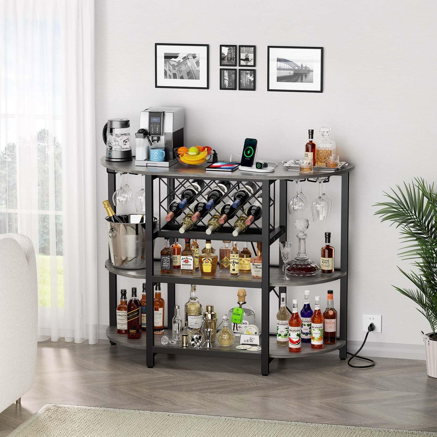 Zarler Bar Table Cabinet, Home Mini Bar Cabinet for Liquor, Metal Wine Bar Stand with 4-Tier Storage, Easy to Assemble, Light Grey