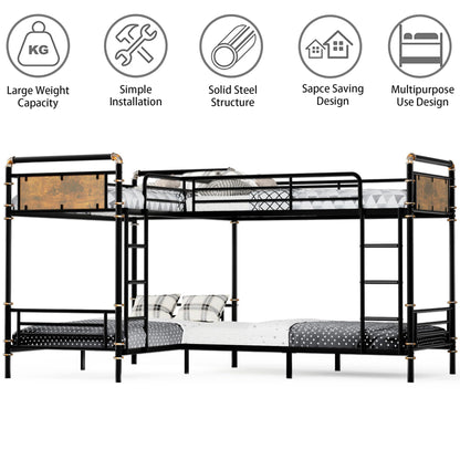 Mirightone Quad Bunk Bed, Heavy Duty Metal 4 Bunk Beds for Kids with Ladders, Detachable Industrial L-Shaped Bunk Beds, Space Saving Design,Can Be Divided Into 3 Twin Beds, Black