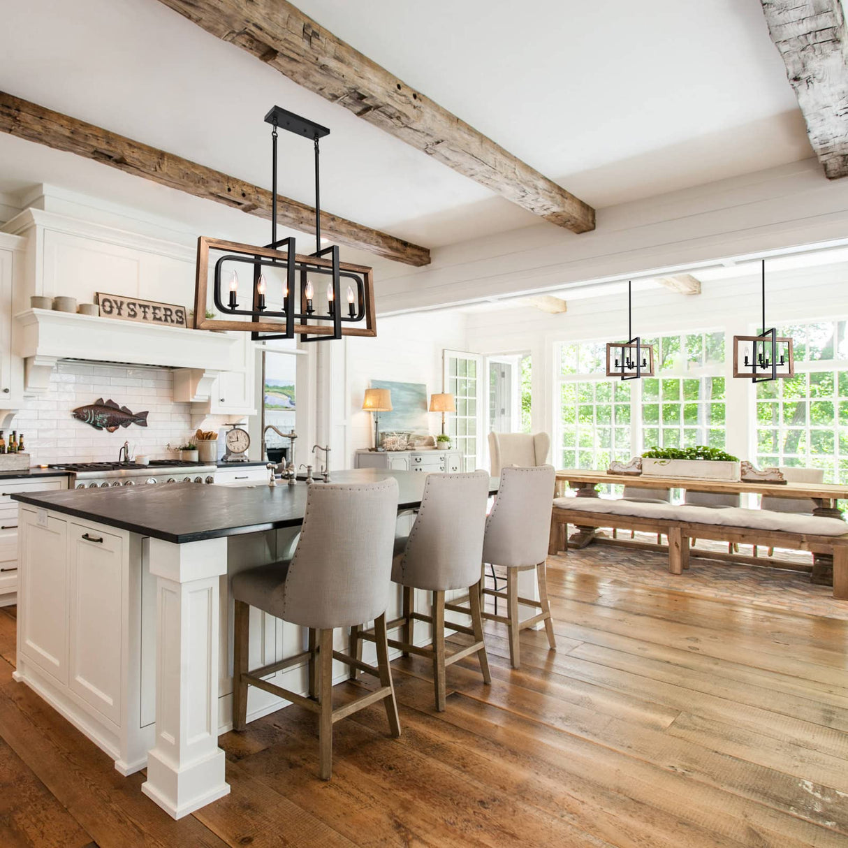 Lingkai Farmhouse Chandelier Rustic Kitchen Island Light Fixture, Industrial Pendant Lighting Fixtures Wood and Metal for Dining Room Pool Table Lingkai