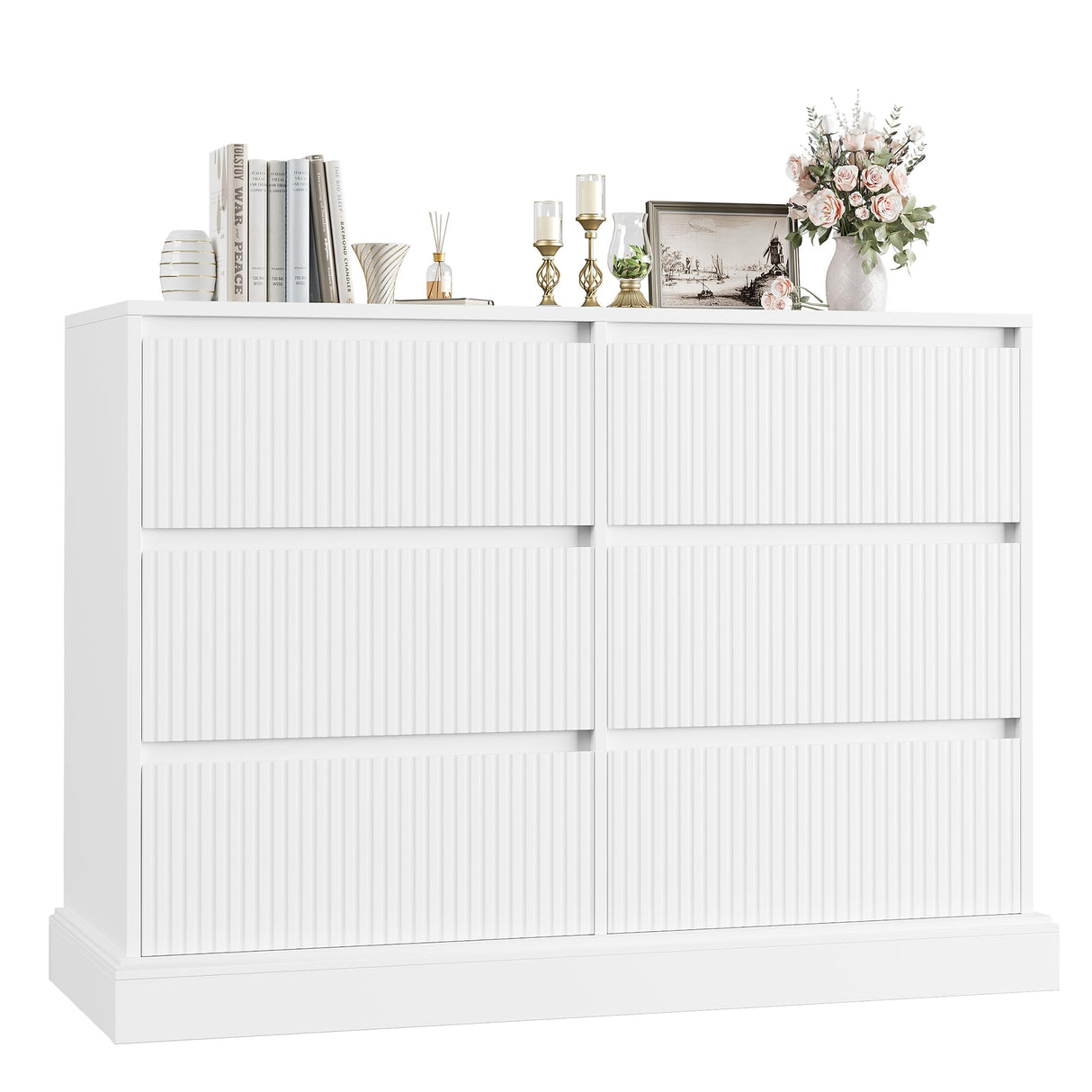 HOSTACK White Dresser, Modern 6 Drawer Double Dresser, Wide Dresser Chest of Drawers with Wavy Pattern | Handleless Deep Drawers, Wood Storage Dresser Cabinet for Living Room, Hallway, Entryway, White HOSTACK