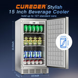 cureder 15 Inch Outdoor Refrigerator, Weather Proof Stainless Steel Beverage Beer Cooler Under Counter Fridge, Indoor/Outdoor Refrigerator with 3 Shelves for Patio Kitchen and Commercial Use cureder