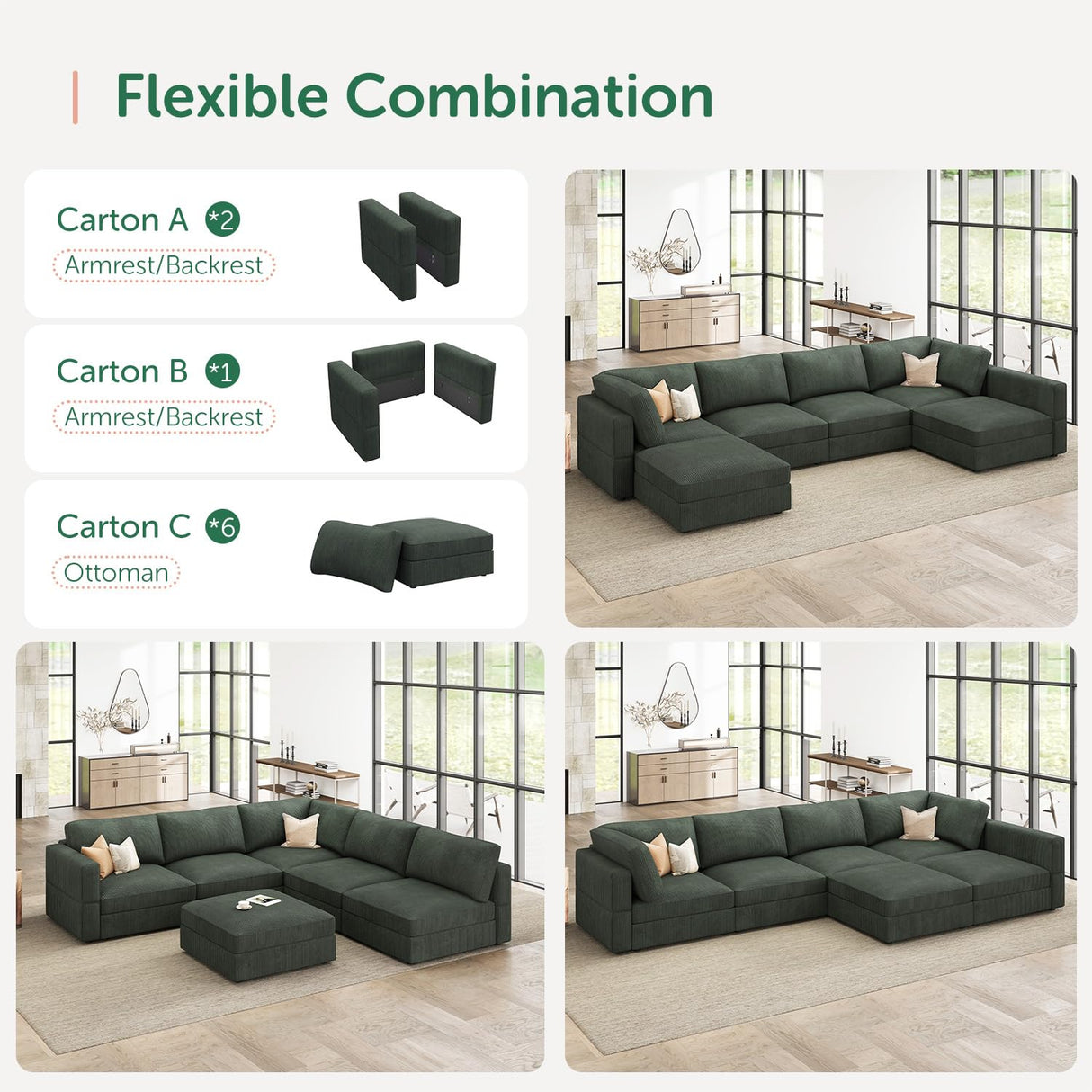 HONBAY Modular Sectional Sofa with Storage Corduroy Sectional Sleeper Sofa Modular Sectional Couches for Living Room,Green HONBAY