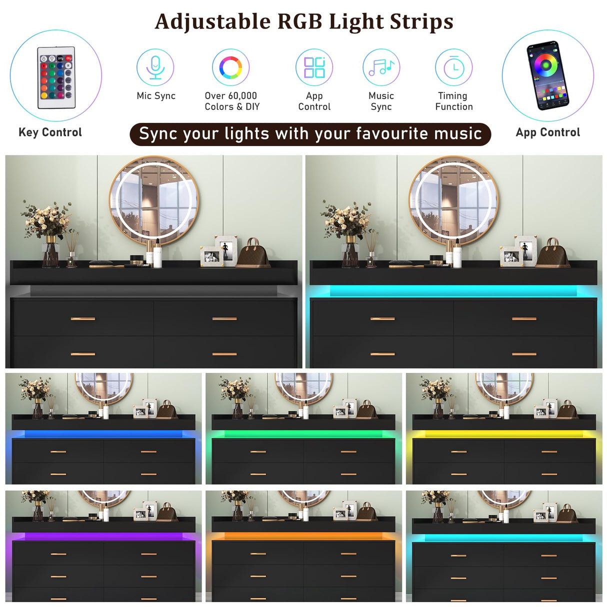 Hlivelood 6 Drawer Dresser with LED Light, Modern Chest of Drawers for Closet, Wide Drawer Organizer Cabinet for Bedroom, Living Room, Entryway, Hallway(Black) Hlivelood