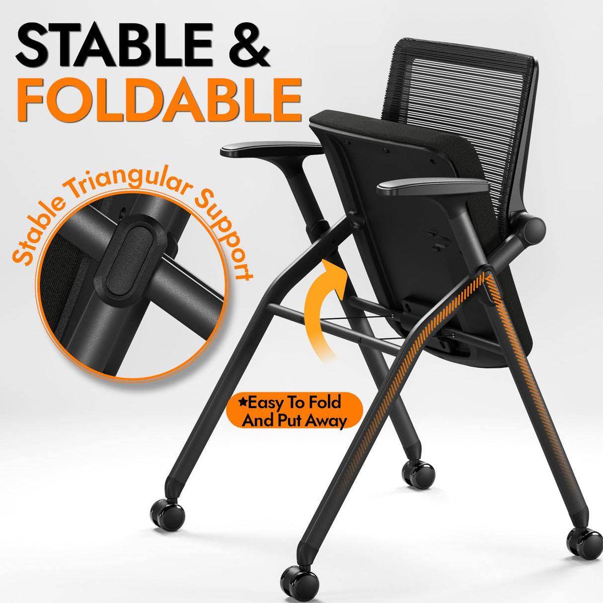 FYLICA Foldable Office Chair Set of 2 with PU Wheels Ergonomic Mesh Bouncing Back, Stackable Conference Room Chair, Office Guest & Reception & Meeting Chair (Black) FYLICA