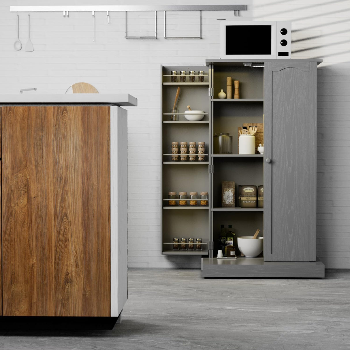 FJTJBSI 50" LED Kitchen Pantry Cabinet Grey Storage Cabinet Food Pantry with Doors and Adjustable Shelves Freestanding Buffet Cupboards Sideboard for Kitchen Living Room and Dinning Room FJTJBSI