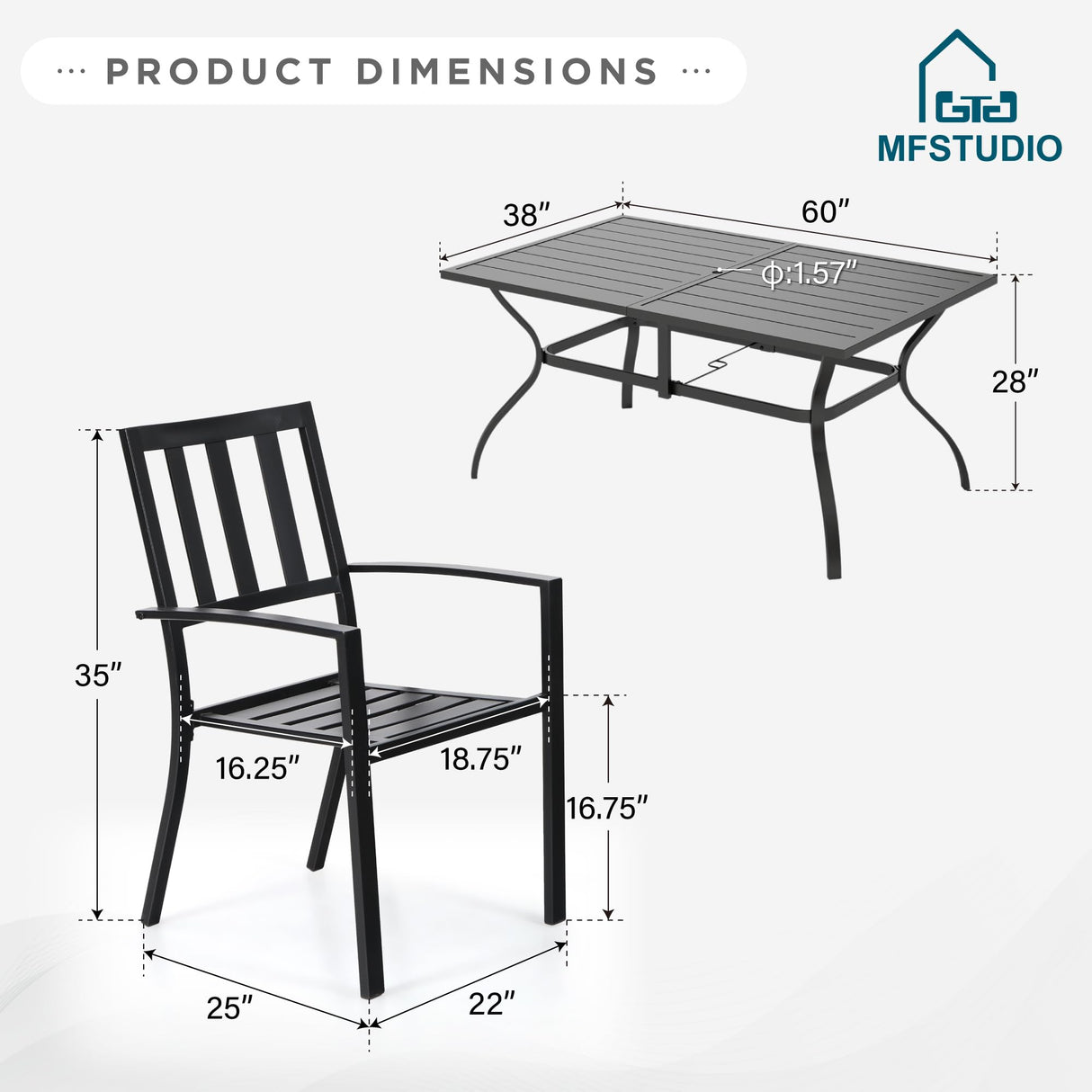 MFSTUDIO Outdoor Dining Set for 6, Patio Table and Chairs Set with Umbrella Hole, 7 Piece Metal Patio Furniture Set for Deck Backyard Poolside Garden MFSTUDIO