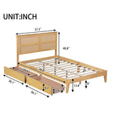 KEIKI Full Size Wood Platform Bed Frame with Rattan Headboard, 2 Storage Drawers, Modern Style Bed with Solid Wooden Slats, Easy Assembly, No Box Spring Required, for Bedroom, Guest Room, White Oak KEIKI