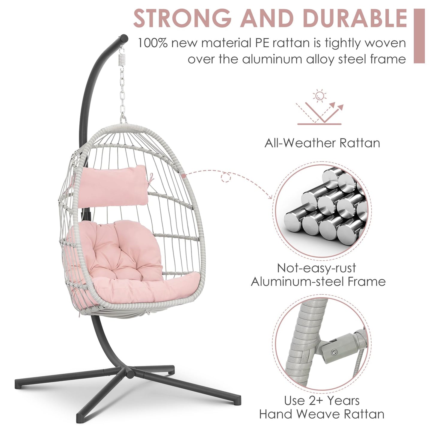 Brafab Pink Egg Chair with Stand Indoor Outdoor Swing Egg Chair, Patio Wicker Hanging Chair with Stand Hammock Egg Chairs with UV Resistant Cushion and Aluminum Steel Frame for Bedroom Balcony Garden