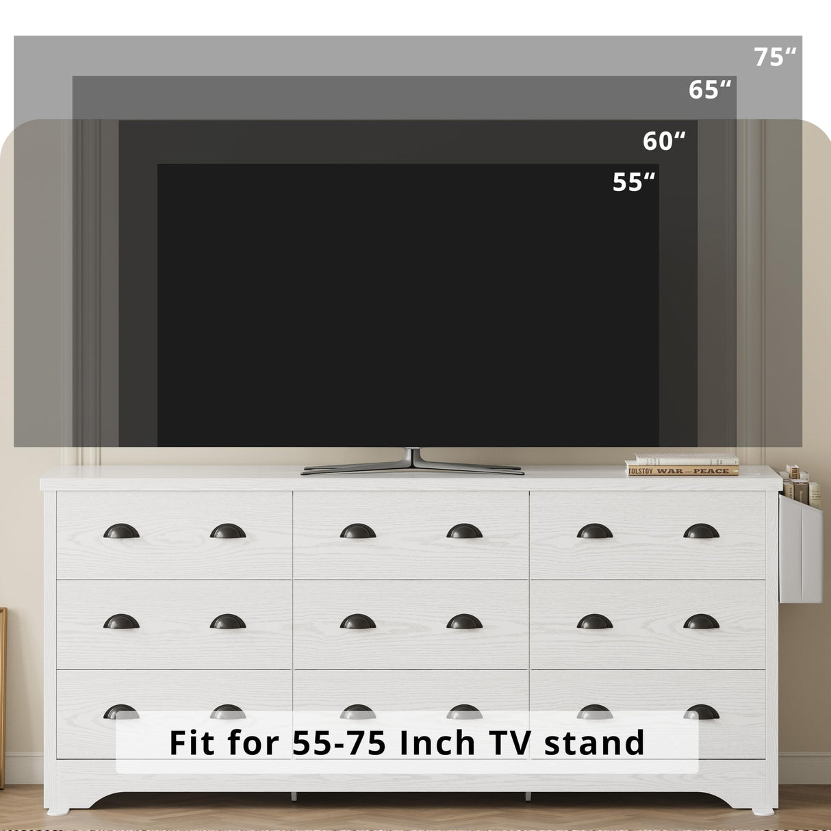 LIKIMIO Dresser 9 Drawer 63" W Long Wood Storage Chest of Drawers for Bedroom Living Room, Large Storage with Charging Station and Storage Bag, White LIKIMIO