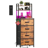 Nightstand 4 Drawer Dresser with LED Lights, Charging Station, Vertical Side Table with Fabric Drawers, End Table with 3 Open Shelves, Tall Dresser for Bedroom, Hallway, Entryway, Rustic Brown EKNKOZY
