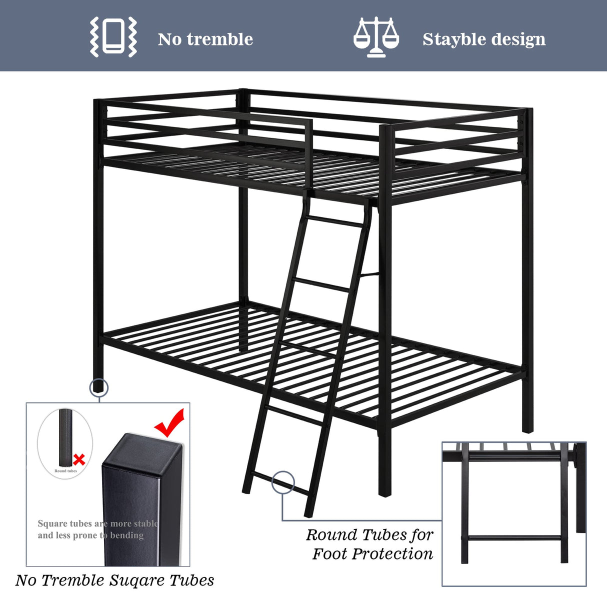 Allewie Metal Bunk Bed Twin Over Twin Size for Junior & Adults with Ladder and Heavy Duty Guardrail, Small Space Saving Design for Bedroom Kid Room and Dorm, Black Allewie